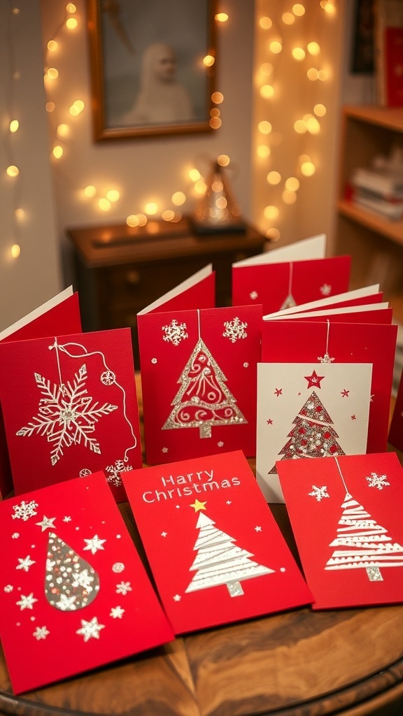 A variety of red Christmas cards with different designs on a wooden table, surrounded by holiday decorations.